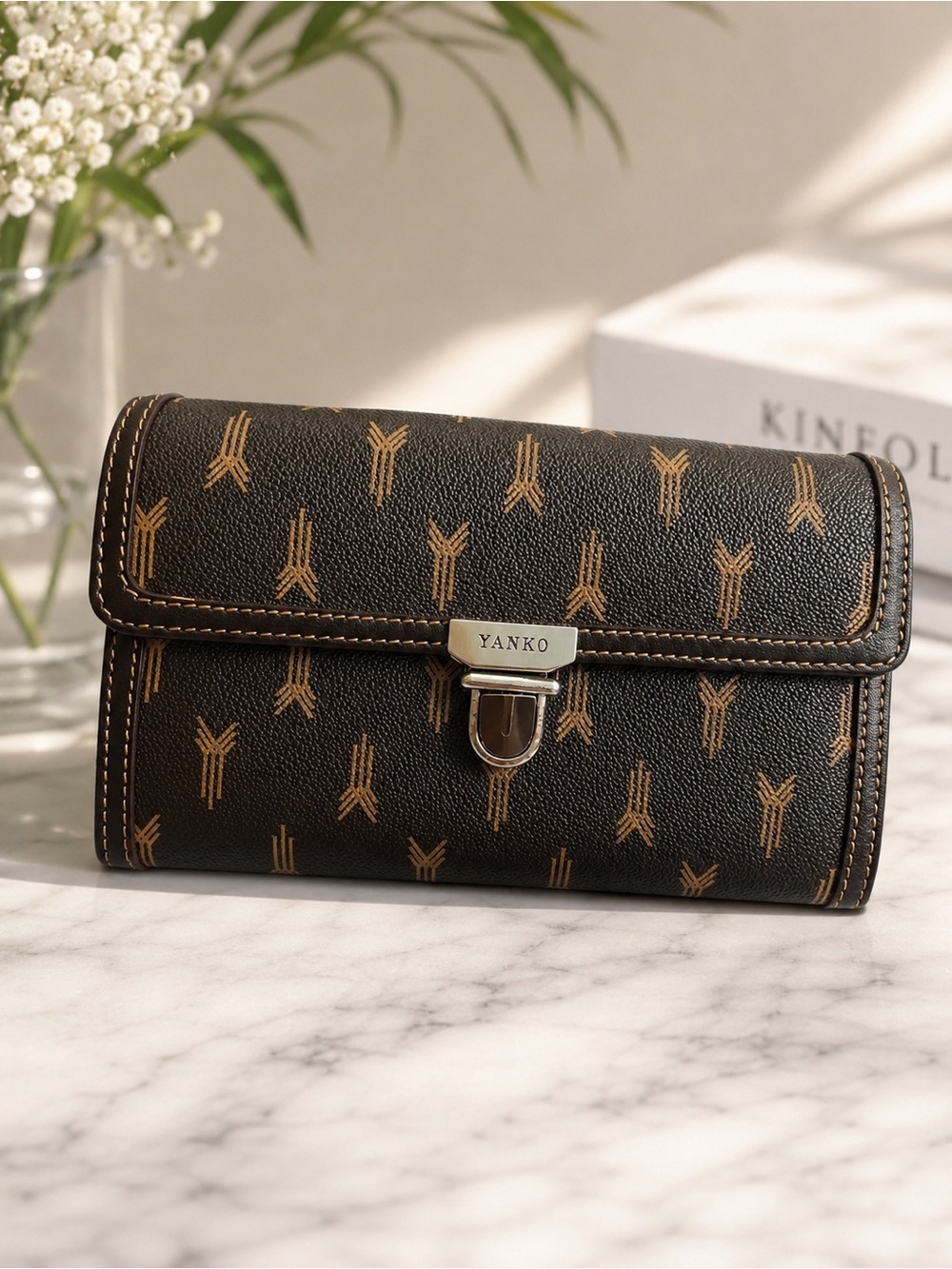 YANKO Genuine Leather Long Wallet Brown Monogram Snap Clutch Made in Spain